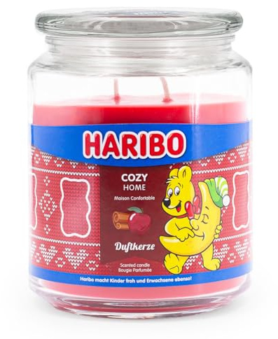 Haribo Duftkerze im Glas | Cozy Home 510g | Duftkerze Apfel-Zimt | 2 Dochte | Brenndauer bis 100h | Geschenkidee für Winter & Weihnachten | 100% Baumwolldochte, rote Aromakerze, Geschenkidee für Frauen, 510g