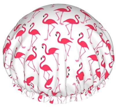 Doppellagige, wasserdichte Duschhaube für Damen, tragbarer Haarschutz für langes Haar, vielseitiges Badzubehör, rosa Flamingo-Muster