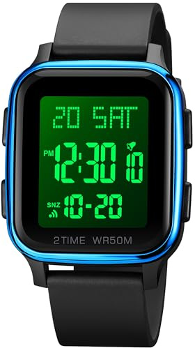 findtime Digitale LED Armbanduhr Herren Damen Rechteck Quadrat Große Zahlen Unisex Herrenuhren Sport Wasserdicht Doppelzeite Timer Stoppuhr Schwarz