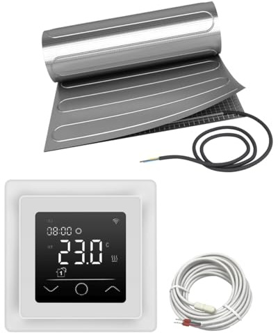 Elektrische Fußbodenheizung HoWaTech ALU für Laminat Parkett Vinyl Komplett Set TWIN Heizmatte 150 W/m² Touch Thermostat weiß, Heizfläche:8.00m²