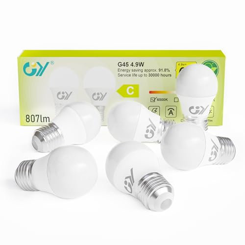 GY 4.9W Bombilla LED E27 Luz Fría 6500K 807LM (Equivalente a 60W), Bombillas Bajo Consumo G45 Rosca Edison, No Parpadean, No Regulable, 6 Pieza