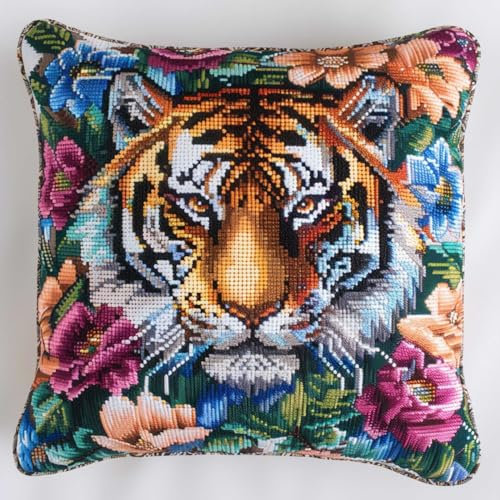 RKFLGEW Knüpfkissen-Set Mit Tiger-Tier-Stempel，Knüpfkissen-Set，Bunte Blumen，Diy-Häkelgarn，Nadelarbeit，Einfaches Handgemachtes Kissen Für Die Sofa-Dekoration Zu Hause 43x43cm
