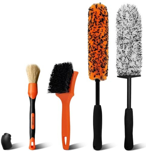 YeewayVeh 4PCS Alloy Wheel Brush Kit, Microfiber Wheel Cleaner Brush with Boar Hair Detailing Brush, Bendable & Durable Wheel and Tire Brush Kit for Cleaning Wheels, Tires