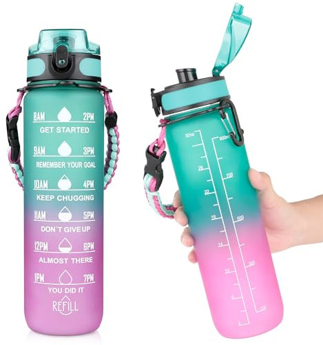 AiQInu Borraccia 1 Litro con Indicatore di Tempo e senza BPA, Aprova di Perdite, Chiusura Sicura, Cavo per Ombrello e Manico per il Trasporto Intrecciato per Palestra, Fitness e Outdoor