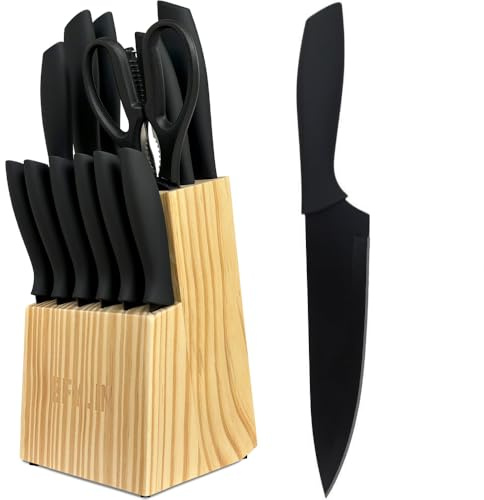 BFYLIN Messer set, 14 Teiliges Küchenmesser set mit Holzblock, Messer block set mit Antihaftbeschichtung,Kochmesser Brotmesser Schälmesser Steakmesser Anspitzer (14pcs-Set)