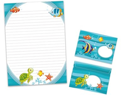 Juego de papel de carta, bloc de notas con sobre, para niños, niñas, niños, peces (bloc A4 con 25 hojas + 15 sobres)