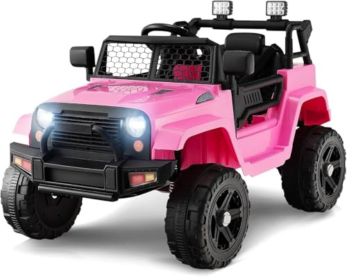 Kids Ride On Truck, 12V Electric Vehicle Car with Remote Control, Toddlers Battery Powered Toy with 2 Speeds, Spring Suspension, Double Open Doors, LED Lights, Music, TF, USB, Mp3 (Pink)