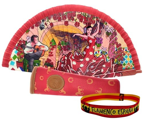 Pack de Abanico con Dibujo Baile Flamenco con Funda Artesanal Hecha en Ubrique y Pulsera de Tela – Diseño Tradicional Español Souvenir o Regalo (Bailaora y Guitarrista)