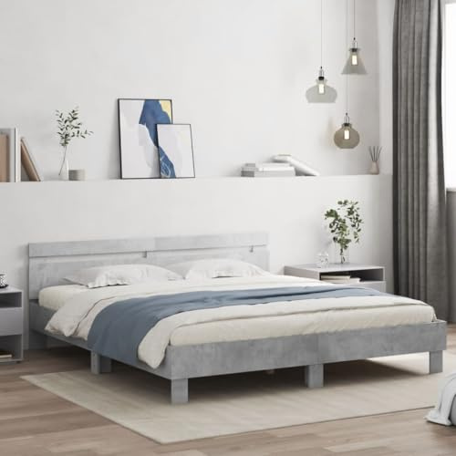 KTHLBRH Bettgestell Familienbett Doppelbett Schlafzimmer möbel Bettgestell mit Kopfteil und LED-Beleuchtung Betongrau