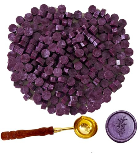 BJOYEE Lot de 200 perles de cire à cacheter violettes avec 1 cuillère à fondre, kit de sceau de cire octogonal pour tampons, invitations, enveloppes, cartes, emballages de vin, emballages cadeaux