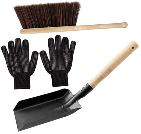 COOPHYA Juego De Recogedor y Cepillo Para Chimenea Tamaño Compacto Acero Al Carbono y Madera Resistente Al Fuego Limpieza Doméstica Guantes Resistentes Al Calor