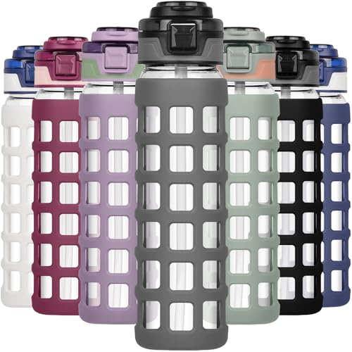 Ferexer Glasflasche 1 Liter, Trinkflasche Glas 1000ml / 660ml, mit Deckel Flip Strohhalm, Hochborosilicatglas BPA-frei, Auslaufsicher, mit Silikonhülle, Sport Wasserflasche Glas Grau