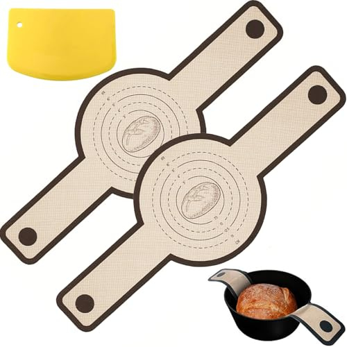 Silikon Backmatte Brot für Dutch Oven 2 Pcs Silikon Brotschlinge mit Langen Griffen, Wiederverwendbare Brotbackmatte Brotbackzubehör mit Teigschneider