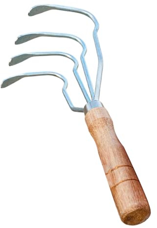 Rastrillo de mano – Excavador de almejas con mango de madera – Rastrillo multifuncional de mano de 4 dientes para almejar lago, granja, paisajismo, estanque, tesoro, camping, conchas marinas, césped
