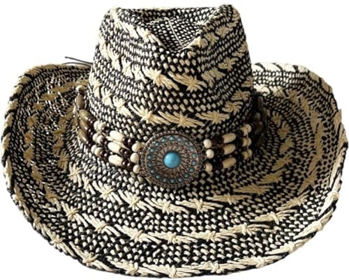 Glixoft Cowboyhut Aus Gewebtem Stroh Für Herren Und Damen, Cowgirlhut Im Western-cowboyhut, Klassischer Cowboy-Strohhut Im Western-Stil, Sonnenhut Breiter Krempe