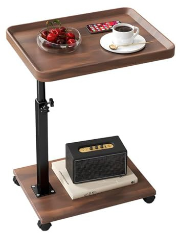 YYW Mesa auxiliar en forma de C, mesita de noche ajustable en altura con ruedas, mesas auxiliares de sofá giratorias de 360°, mesa auxiliar de madera para sala de estar, dormitorio (color nogal, 40 x