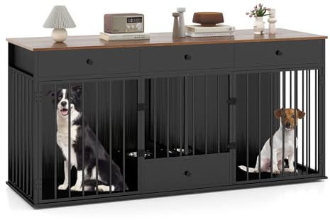 COSTWAY Large Dog Crate Furniture, Heavy Duty Dogs Cage with Double Doors, Divider, 3 Drawers, Pull-out Feeding Bowls, Indoor Puppy Kennel Side Table TV Stand (Brown+Black)