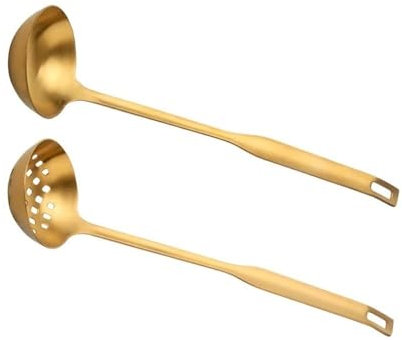 Louche 2 pièces Cuillère à soupe en métal doré Set de passoire à long manche en acier inoxydable Ustensiles de cuisine Ustensiles de cuisine Cuillère de service Cuillère à soupe de cuisine