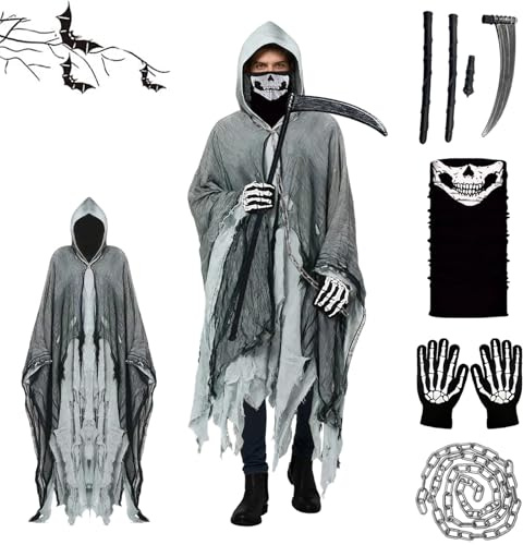 XILEPINGAN Costume Halloween Morte, Costume da Mietitore con Mantello, Maschera, Guanti, Falcetto e Catena, Costume di Halloween per Adulti (B-Grigio)