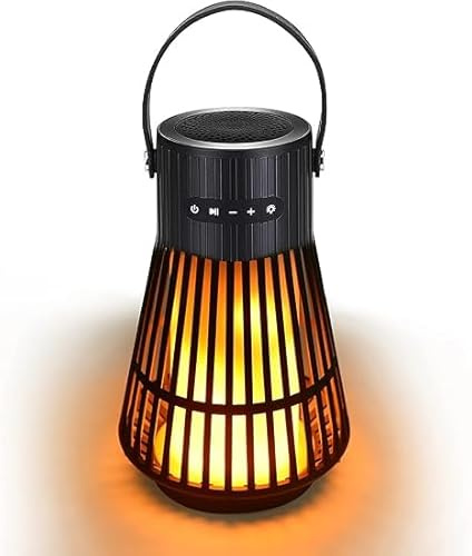 Lanterne flamme LED avec haut-parleur Bluetooth, rechargeable par USB, lampe d'extérieur 3 en 1 avec crochet et piquet, lampe flamme étanche