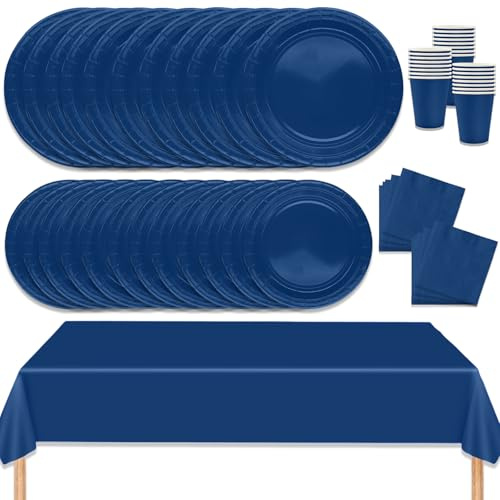 MORAINJAY 69Pcs Party Tableware Set,Navy Blue Dinnerware Set with Plates,Tablecloth,Napkins,Cups,Solid Color Table Decorations for Birthday,Wedding,Picnic,Baby Shower,Party Supplies for 16 Guests