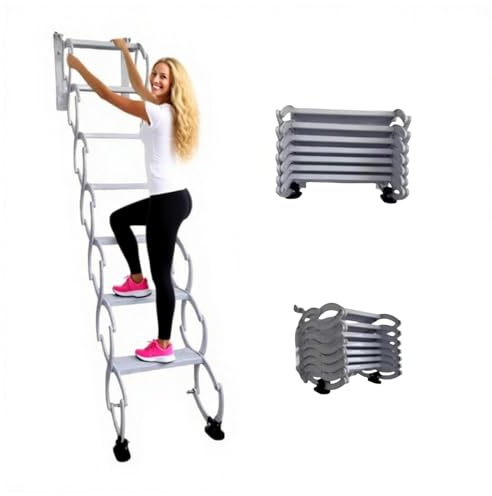 Scala retrattile da parete per impieghi gravosi, scala retrattile pieghevole per soffitta, per interni ed esterni, scala telescopica in acciaio, capacità di carico 300kg(White,8 steps 205CM)