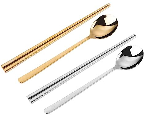 TIDTALEO Palillos Reutilizables y Cucharas de Acero Inoxidable 304, Juego 4 Piezas (palillos Huecos Dorados y Plateados, Cucharas Planas Dorada y Plateada), Diseño Simple, para Vajilla