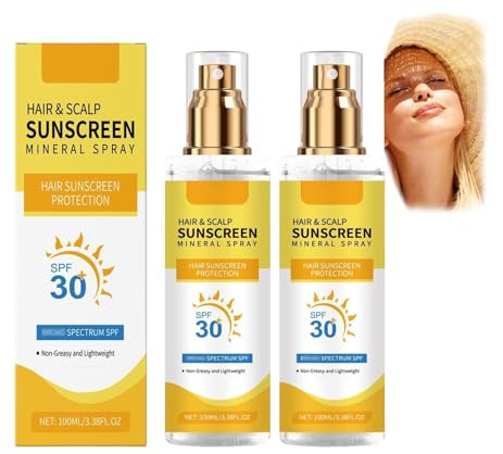 Hår- och hårbottenskyddsspray SPF 30, solskyddsspray för hårbotten, icke-fet, lätt, vattentät, fuktgivande, lämplig för stranden, för simning och vandring (2 st)
