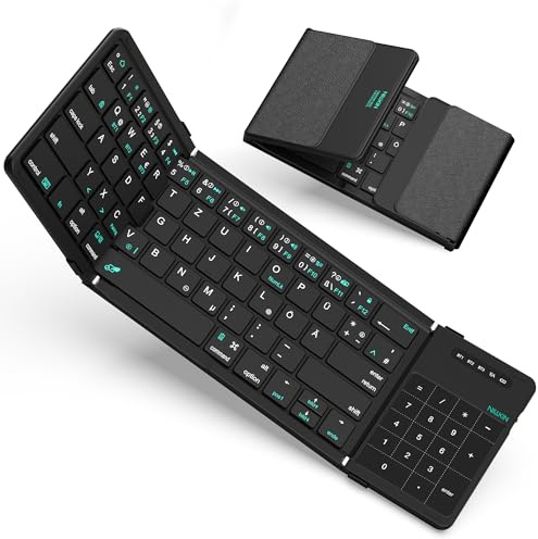 Nillkin Faltbare Bluetooth Tastatur mit Touchpad, QWERTZ, Wiederaufladbare | mit Ziffernblock, Tragbare Mini-Tastatur für iPad, iOS, Android und Windows Laptop & Tablet, Leder-Schwarz