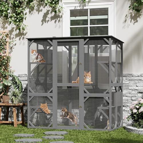 Holz-Katzenhaus für Innen- oder Außenbereich, Großes Katzengehege für 2-4 Katzen 173x93x178cm, Catio-Käfig mit Schlafhäuser, Sprungplattformen, Sisal-Säule, Eine Schiebetür, Hängebett