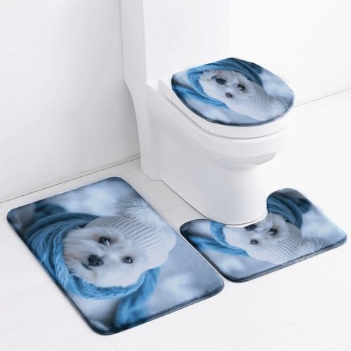 Tappeto Bagno Sciarpa Blu Cane Tappeti Bagno Set 3 Pezzi Antiscivolo Contorno WC Tappetino Assorbente Doccia Lavabile Copertura per Il Coperchio del WC 45x75 cm