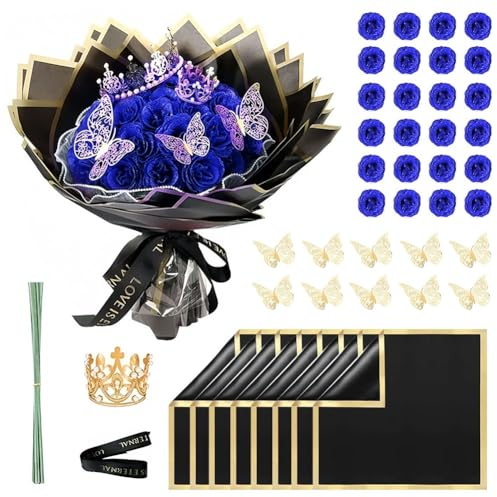 DASIAUTOEM 24 stycken röda glitterrosor, alla hjärtans dag, glitter, rosbukett, gör-det-själv konstgjorda buketter med krona, presenter till jul, födelsedag, årsdag, bröllop, mors dag (blå)