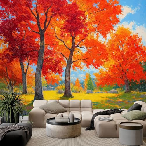 Generico Murales Fotomurale Caldo Elegante Foresta Foglia, 350 x 256 cm (L x A) Carta da Parati Panoramica per Soggiorno Camera da Letto Cameretta e Decorazione da Parete - Rosso