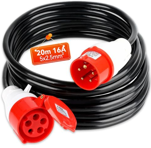 Warmfay CEE Verlängerungskabel 20m, 400V 16A Starkstromkabel Gummi, 5x2,5mm² Starkstromkabel CEE Verlängerung IP44 Außenbereich Baustelle Werkstatt Industrie