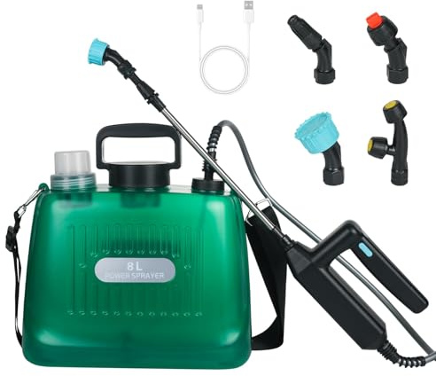Umisu - Pulverizador eléctrico de 8 l, rociador de jardín recargable a través de USB con lanza telescópica, 4 boquillas ajustables y mango ergonómico, ideal para riego y mantenimiento de céspedes
