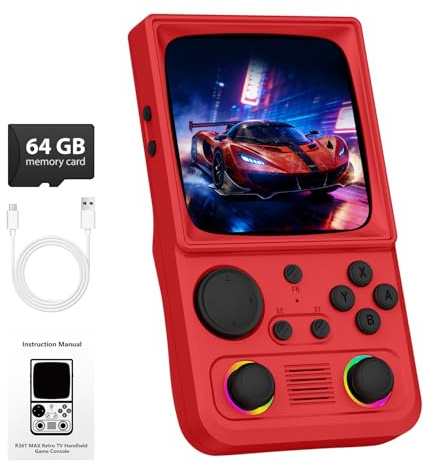 R36TMAX Retro Handheld Game Console, Retro Gaming Console 4.0'' IPS Screen with 18,000+ Classic Games, Supports Wi‑Fi Multiplayer & 2-Player Mode, 4000mAh Battery (Red 64GB)