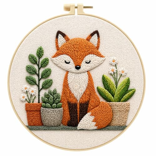 CAYLEKI Fox Embroidery Kit with Bamboo Hoop, Pre-Printed Fabric, 25 x 25 cm | Threads, needles, scissors and guide included, fox and plant design, for adults and beginners, DIY craft and wall display