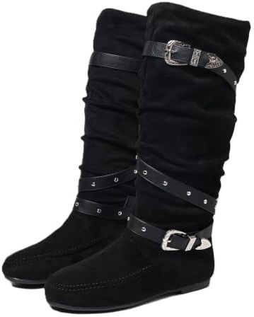 Slouchy rynkade knähöga stövlar för kvinnor platta western cowboy ridstövlar, Mocka svart nitbälte, 37 EU | med spänne nit rem dekor vardagliga höga vinterstövlar för semester fest shopping gatustil födelsedag