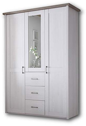 LUCA KOMFORT Eleganter Kleiderschrank im Landhausstil 3-türig - Vielseitiger Drehtürenschrank mit Spiegeltür in Pinie Weiß / Trüffel - 150 x 212 x 62 cm (B/H/T)
