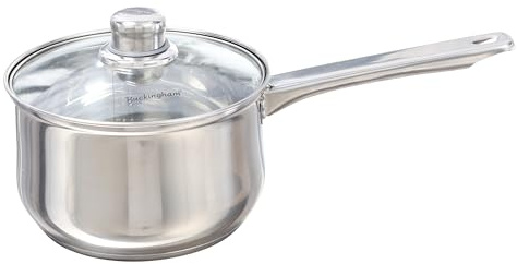 Buckingham Deep Saucepan with Tempered Glass Lid Premium Stainless Steel Cooking Pot Suitable All Heat Source Including Induction 16 Cm 2 litres
