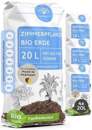 Bio Blumenerde Zimmerpflanzen Erde 80 L (4x20L) - Um 45% torfreduzierte Pflanzenerde mit Dünger - Erde für Pflanzen - Zimmerpflanzenerde - Erde Zimmerpflanzen - Grünpflanzenerde - Universalerde