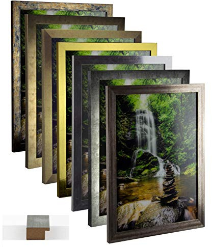 myposterframe Bilderrahmen Vintage Juno 75 x 98 cm Holz MDF Größenwahl 98 x 75 cm Farbwahl hier: Blau Gold meliert mit Kunstglas klar 1 mm