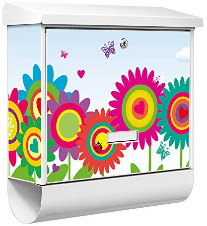 banjado® Burgwächter Briefkasten Weiß 38x39x12cm mit Motiv Bunte Blumen/Briefkasten mit Zeitungsfach/Briefkasten mit Zeitungsrolle/Postkasten inkl. Montagematerial & 2 Schlüsseln