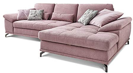 Cavadore Ecksofa Castiel mit Federkern / Großes Sofa in L-Form mit Sitztiefenverstellung und XL-Longchair / 312 x 89 x 173 / Webstoff, Flieder-Rosa