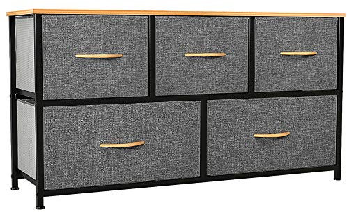 YITAHOME Commode pour Chambre à Coucher, Commode à 5 Tiroirs en Tissu Meuble de Rangement avec Dessus en Bois et Grand Espace de Rangement Chambre à Coucher, Salon, Chambre d'enfant, Gris Profond