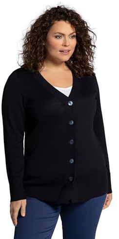 Ulla Popken Damen große Größen Übergrößen Plus Size Strickjacke, V-Ausschnitt, Knopfleiste, Feinstrick Marine 54+ 791605130-54+