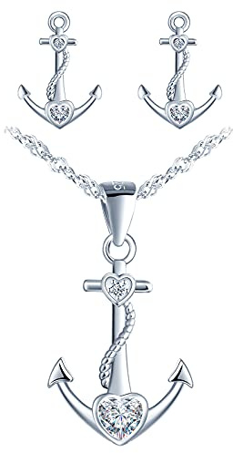Yumilok Damen Halskette Ohrringe Ohrstecker Schmuck Set 925er Sterling Silber mit Herz Anker Anhänger für Damen Kinder
