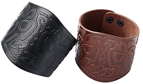 2 st Mjölnir Viking präglat läderarmband armband, brun läder manschett armband svart armband, medeltida handgjort PU-läder armskydd för män, en storlek, läder, Taille unique, Läder