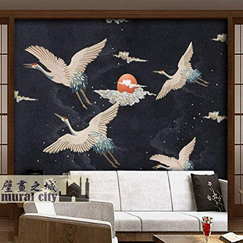 ZZXIAO Japanese Style Japanese Crane Wallpaper Japanese Style Dark Dark System White Crane Wallpaper Ruihe Ukiyo-E Izakaya 3d wallpaper paste living room the wall for bedroom Mural border-430cm×300cm