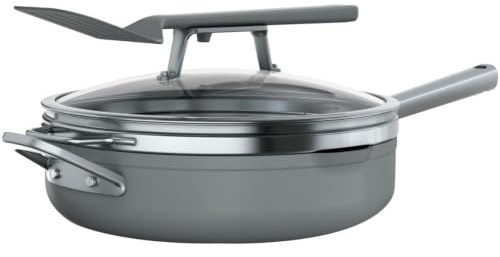Ninja NeverStick PossiblePan, Premium Set with 4-Quart Capacity Pan, Steamer/Strainer Basket, Glass Lid & Integrated Spatula, Nonstick, Durable & Oven Safe to 500°F, Sea Salt Grey, CW102GY